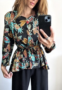 80s Colorful Floral Waisted Blouse - Large 