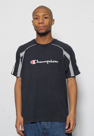 VINTAGE CHAMPION BIG SPELL OUT LOGO T-SHIRT BLUE
