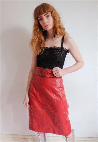 VINTAGE 80S RED LEATHER PENCIL MIDI SKIRT