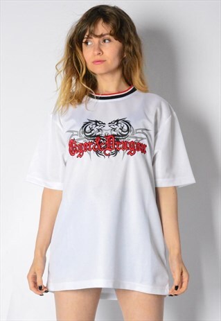 Y2K WHITE EMBROIDERED DRAGON T-SHIRT