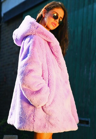 OVERSIZED FUR HOODED COAT IN PURPLE