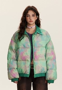 Tie-dye bomber quilted unicorn jacket rainbow puffer green