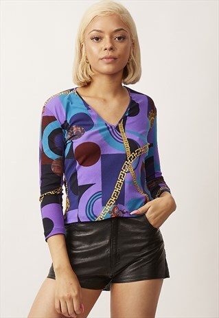 RARE 90'S VINTAGE VERSACE COUTURE V-NECK CHAIN PRINT TOP