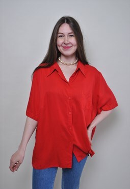 Minimalist red blouse, short sleeve casual shirt, oversized 