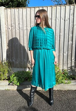 80's Green Vintage Short Sleeve Stripe Midi Dress 