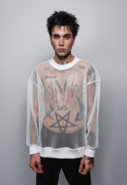 Transparent mesh top long sleeve sheer jumper net sweatshirt
