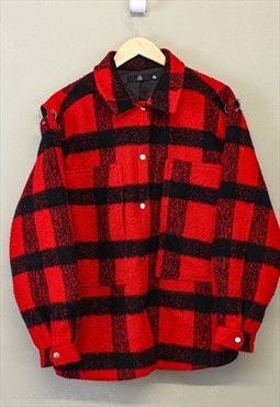 Vintage Y2K Plaid Fleece Jacket Red Black Button Up 