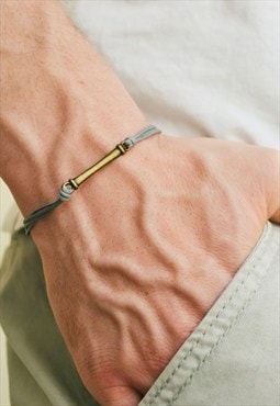 Bronze long bar bracelet for men grey cord gift for him