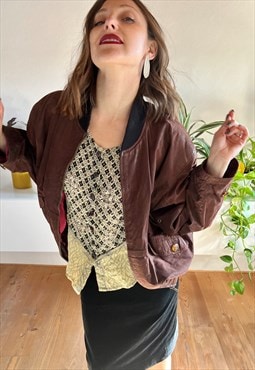 1980's vintage chocolate brown bomber jacket with black knit