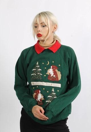 VINTAGE 90'S XMAS EMBROIDERED COLLAR SWEATSHIRT GREEN