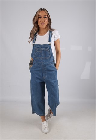 VINTAGE DENIM DUNGAREES WIDE CROPPED LEG UK 10 S (EAL)