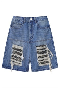 Ripped denim shorts cropped shredded skater pants in blue