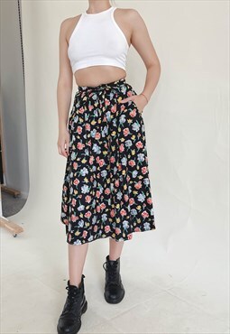 Vintage 80s High Waist Floral Allover Bow Tie Back Skirt XS
