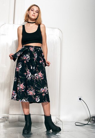 VINTAGE SKIRT 80S GRUNGE BUTTON FRONT FLOWER MIDI SKIRT