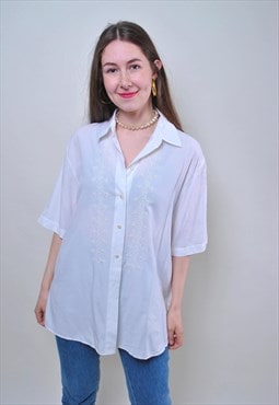Vintage white embroidered blouse, short sleeve summer shirt