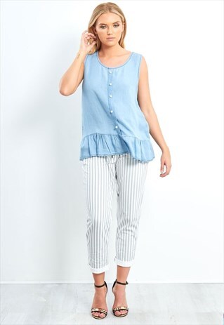 LIGHT DENIM PEARL DETAIL FRILL HEM SLEEVELESS TOP