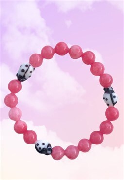Cute Ladybirds - Pink Jade Beaded Gemstone Gift Bracelet
