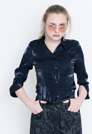 VINTAGE BLUE SILK LONG SLEEVE RETRO SHIRT
