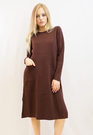 FINE KNIT OVERSIZED RELAXED FIT TUNIC JUMPER DRESS IN WINE