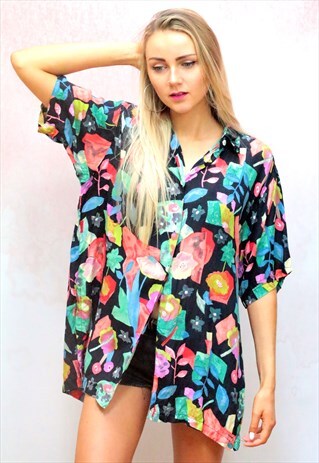 1990S VINTAGE BRIGHT FLORAL PATTERNED OVERSIZED VISCOSE SHIR