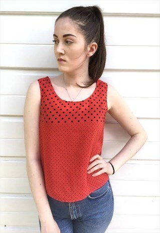 WOMENS VINTAGE 80S VEST TOP RED POLKA DOT BOHO SPOTTY SHIRT