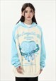 Chain hoodie heart print pullover grunge raglan top in blue