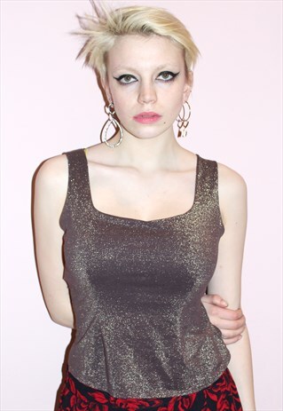 ST MICHAEL 90S BROWN & GOLD GLITTER VEST TOP PARTY