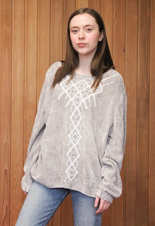 VINTAGE 1990S GREY PATTERNED JUMPER