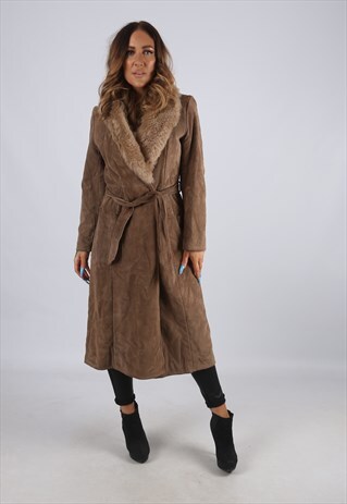 VINTAGE SUEDE 'SHEEPSKIN STYLE' COAT MID LONG UK 8 XS (J2J)