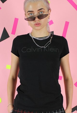 VINTAGE 90S T-SHIRT CALVIN KLEIN Y2K BLACK WITH LOGO PRINT