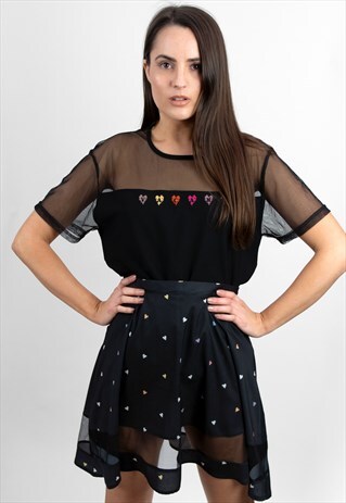 'STATIC HEARTS' RAINBOW HEART PATTERN MESH STRIP MINI SKIRT