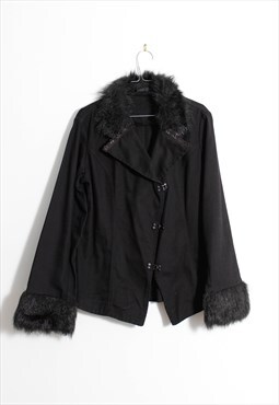 90s grunge y2k goth black faux fur stud elegant blazer coat