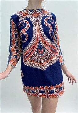 70's Vintage Ladies Mini Dress Tunic Indian Cotton Blue 