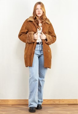 Vintage 80's Women Sheepskin Suede Coat in Brown