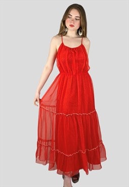 70's Red Sheer Slip Style Vintage Prairie Heart Midi Dress