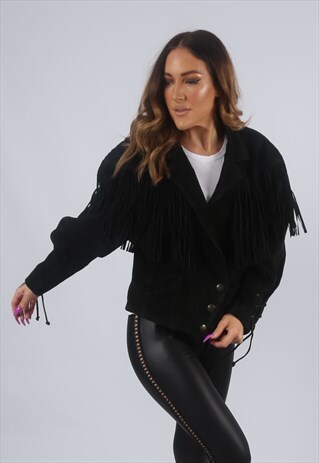 VINTAGE SUEDE LEATHER TASSEL JACKET FRINGE UK 12 M (K2U)