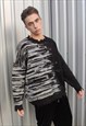 RIPPED SWEATER CONTRAST STITCH STRIPE JUMPER IN BLACK GREY