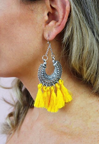 YELLOW TASSEL FRINGE DROP CHANDELIER EARRINGS