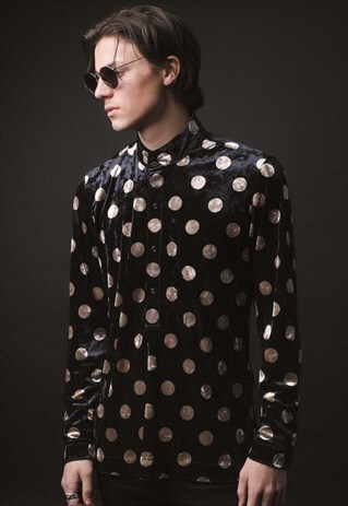 MENS BLACK POLKADOT VELVET KAFTAN SHIRT