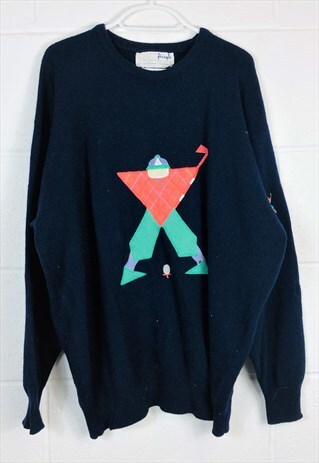 VINTAGE KNITTED PRINGLE JUMPER BLUE WITH GOLFER