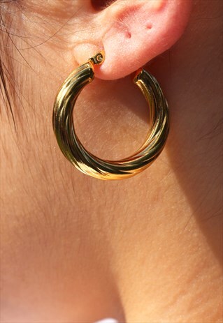TWIST CHUNKY TUBE HOOPS EARRINGS GOLD PLATED