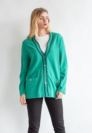 VINTAGE 80S V-NECK CARDIGAN IN GREEN WITH STAR EMBROIDERY
