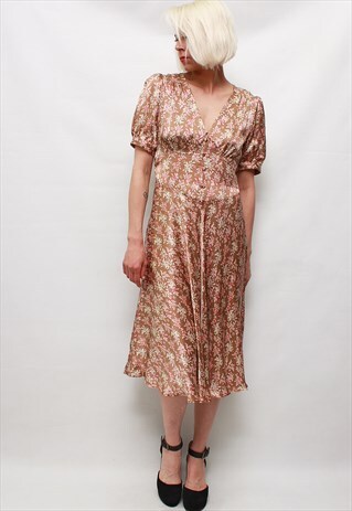 VINTAGE 90'S BEAUTIFUL CUTE FLOWER BROWN SILK DRESS
