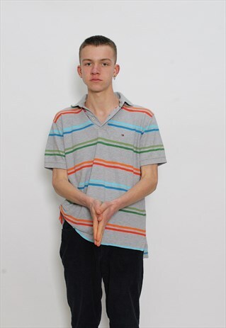 VINTAGE TOMMY HILFIGER GREY SRIPED POLO SHIRT