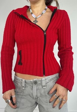 Vintage Y2k Knit Jumper Side Double Zip Cardigan Top Sweater