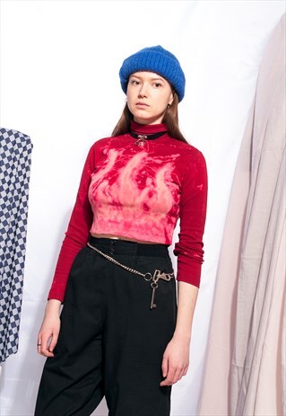 REWORKED VINTAGE CROP TOP 90S FLAME FIRE BLEACHED TURTLENECK