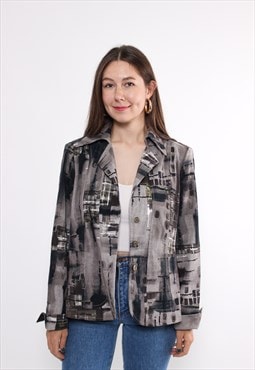 90s abstract print button front blazer, vintage lightweight 