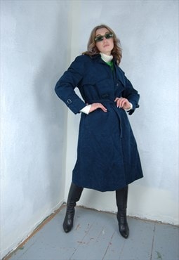 Vintage 90's long dark suede spring trench coat jacket navy