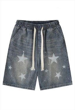 Star print denim shorts in vintage blue wash 