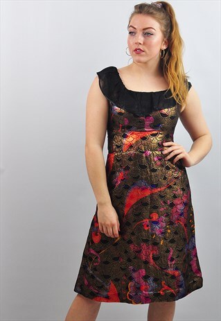 VINTAGE SPARKLY METALLIC PRINT 1970'S MIDI PARTY PROM DRESS